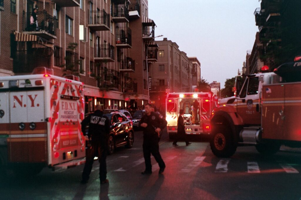 Fire trucks, paramedics and emergency personnel on the scene of an accident in New York City