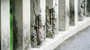 Bridge barriers with concrete problems including exposed rebar