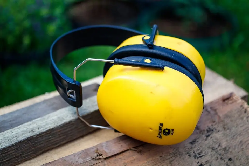 Orange hearing protection on a wooden bench in front of a wooded area